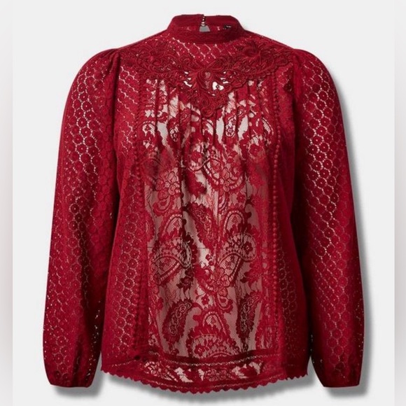 Torrid 4/4X (26) Deep Red Mixed Lace High Neck Top - Picture 6 of 10